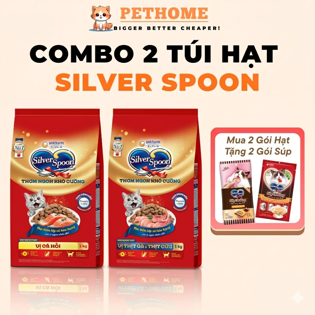 [Combo 2 Túi] Thức Ăn Hạt Cho Mèo Silver Spoon Thái Unicharm Giàu Thịt Đạm Cao, Giảm Nôn Trớ
