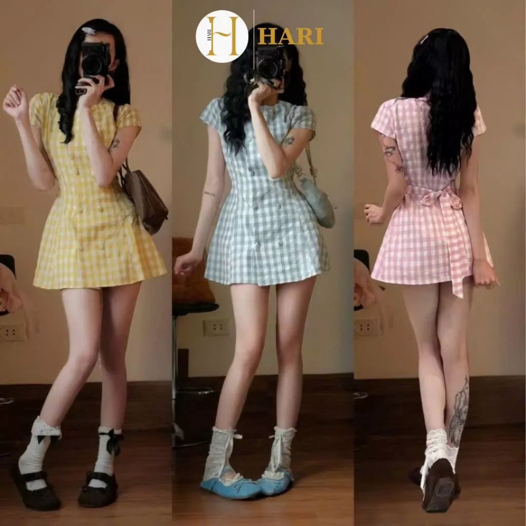 (Tặng Kèm quần bảo hộ) Váy Kẻ Caro Nữ Hari Cúc Bọc Dáng Suông Tay Ngắn Form Rộng 7388 P0
