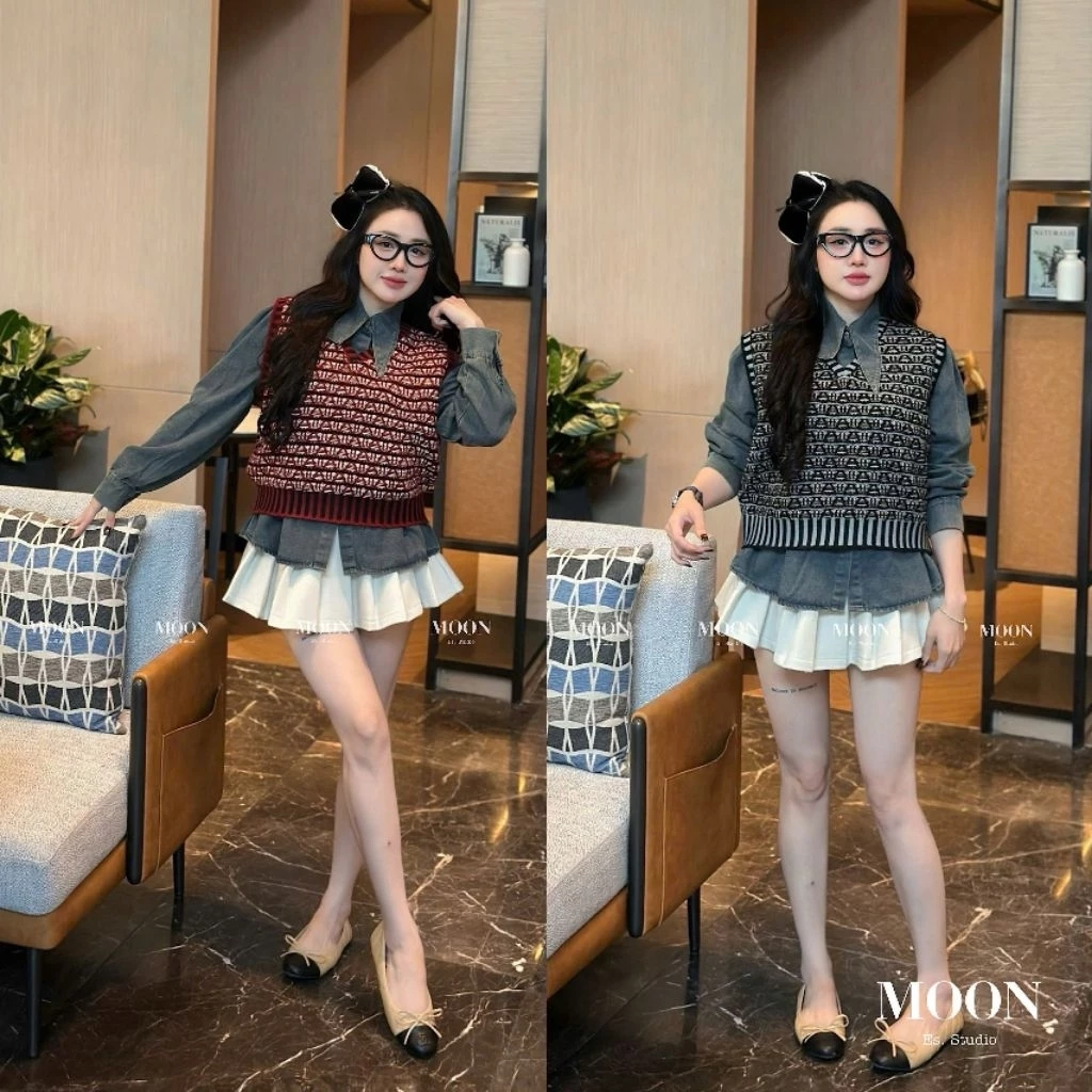 Set 2 món Áo sơ mi và len gile nữ hàng cao cấp