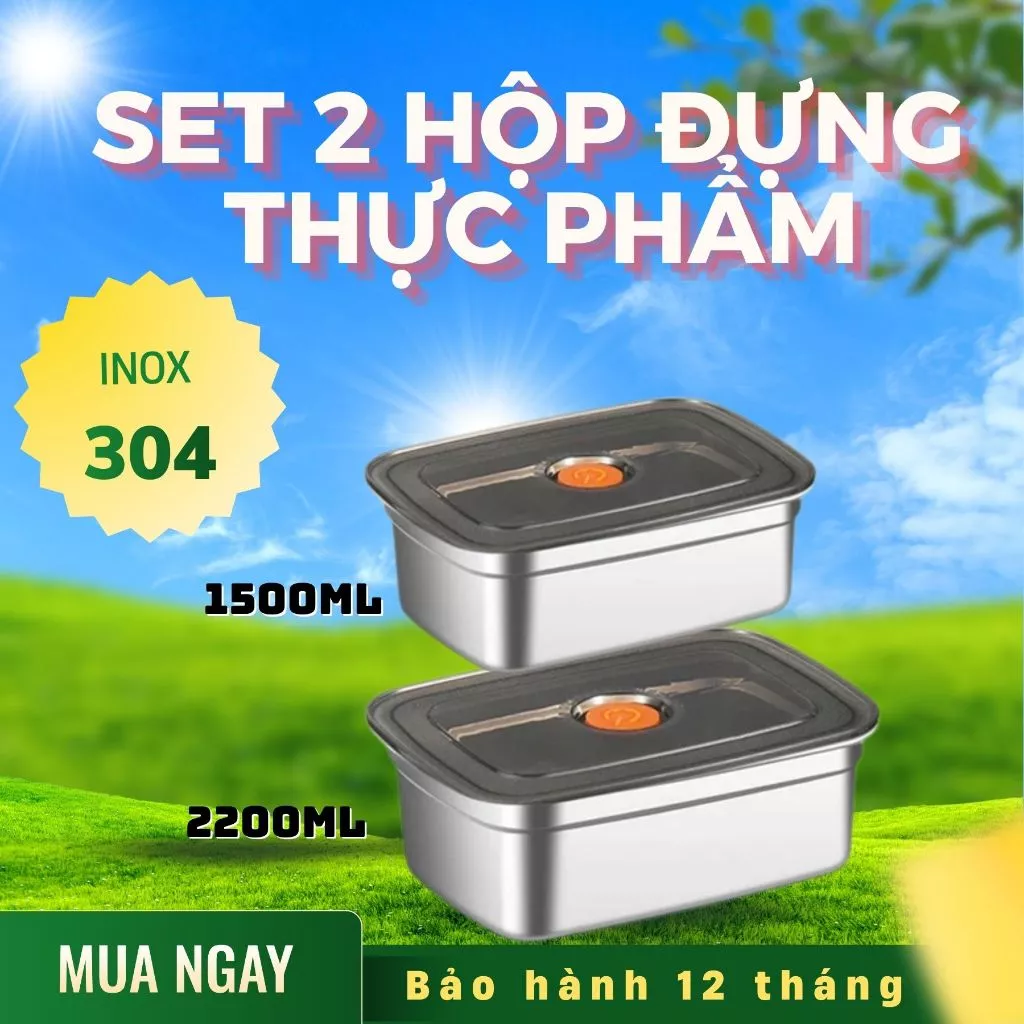 Set 2 hộp đựng thực phẩm inox có nắp đậy lỗ thoát khí, hộp bảo quản thức ăn chịu nhiệt 2 kích cỡ