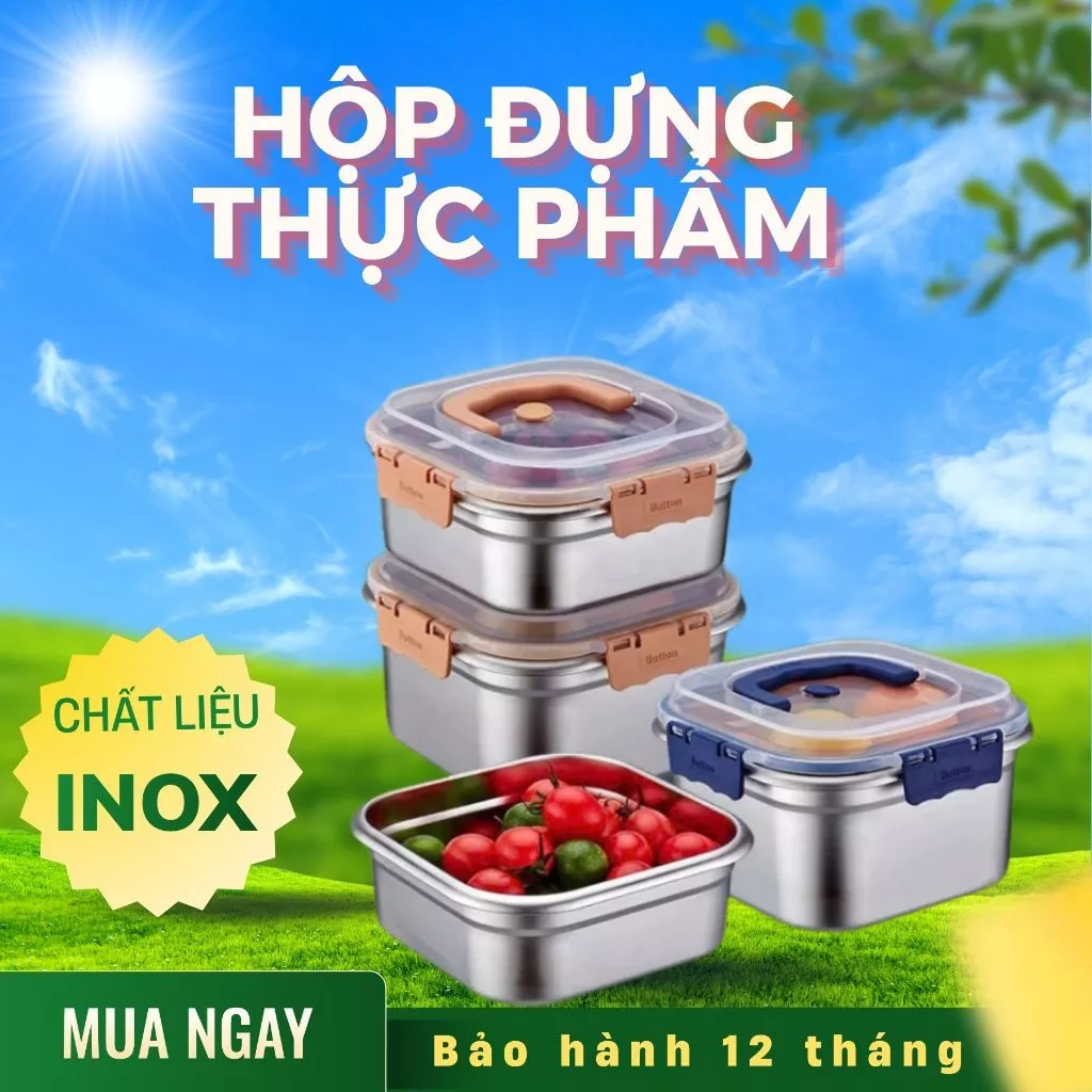 Hộp đựng thực phẩm inox dung tích 1800ml, khay đựng đồ để tủ lạnh ngăn mùi có nắp đậy, có tay cầm