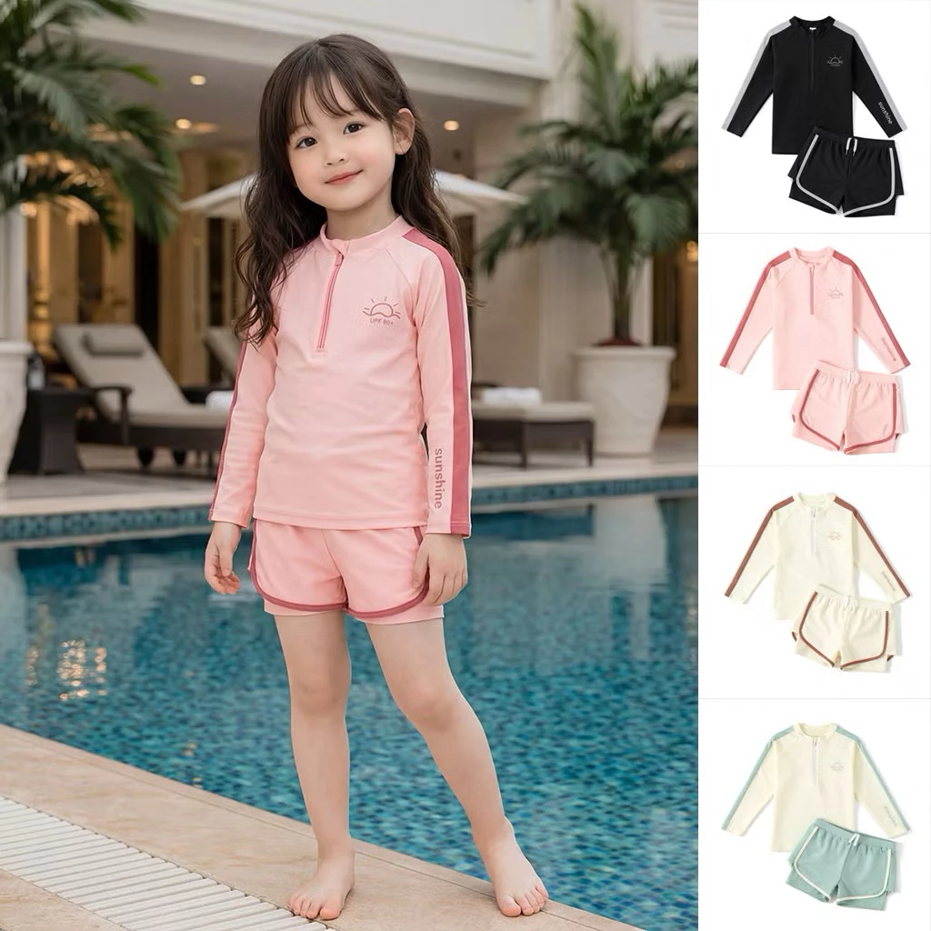 Đồ bơi cho bé gái size 10-50kg phong cách thể thao sọc tay cách điệu,đồ bơi bé gái 2 áo+quần 2 lớp