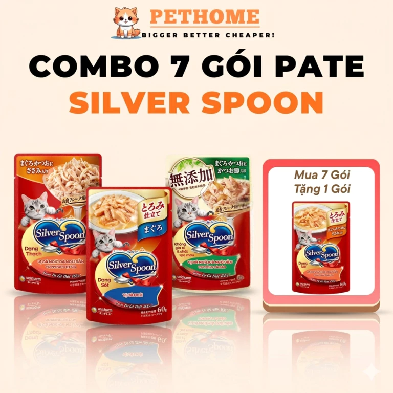 [Combo 7] Pate Mèo Silver Spoon Gói 60gram, Pate Unicharm Cho Mèo Bổ Sung Đầy Đủ Dinh Dưỡng Bù Nước