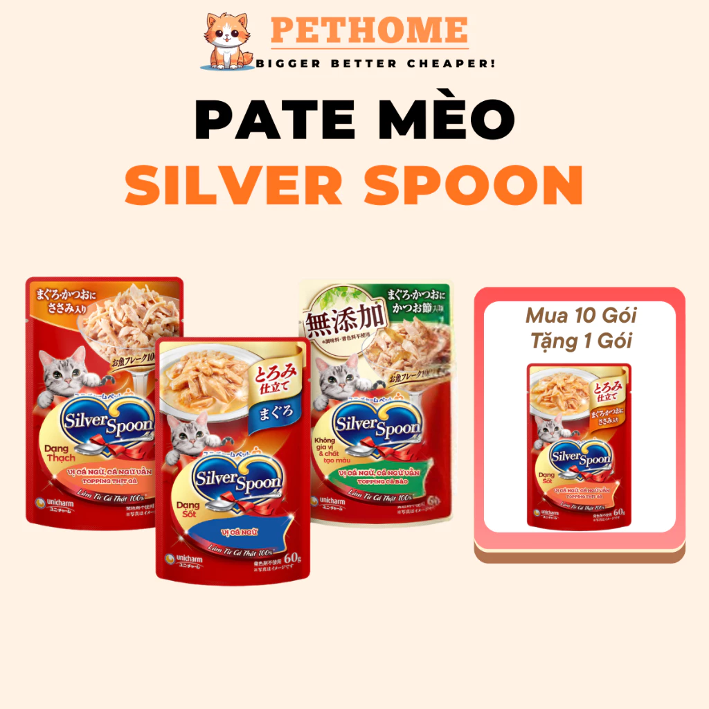 Pate Mèo Silver Spoon Gói 60gram, Pate Unicharm Cho Mèo Bổ Sung Đầy Đủ Dinh Dưỡng, Bù Nước Vitamin