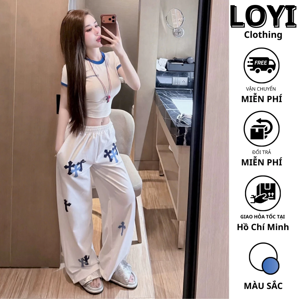 [Hỏa Tốc] Set Đồ Nữ Hình Chữ Thập, Set Áo Croptop Phối Viền + Quần Ống Rộng Cá Tính, Bộ Đồ Thể Thao