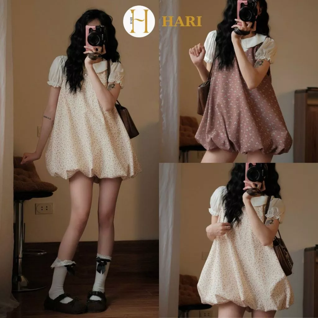 Váy bí dáng phồng Hari chất vải linen họa tiết Bi , Hoa nhí xinh xắn vintage Floral Bubble Dress Dành cho nữ