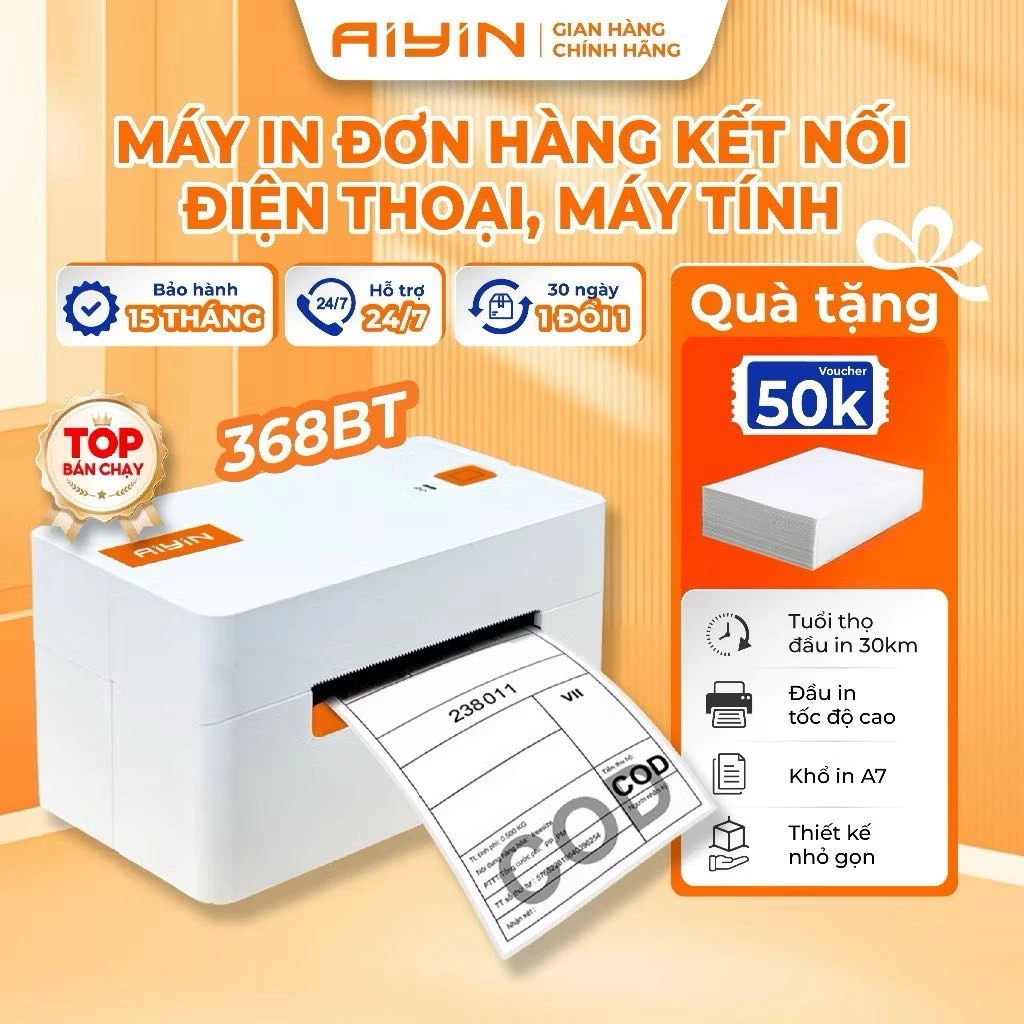 Máy In Đơn Hàng Bluetooth AYIN 368BT In Khổ A7, Máy In Nhiệt, In Đơn Hàng TMĐT, In Mã Vận Đơn, In Đơn Hàng BH 15Tháng