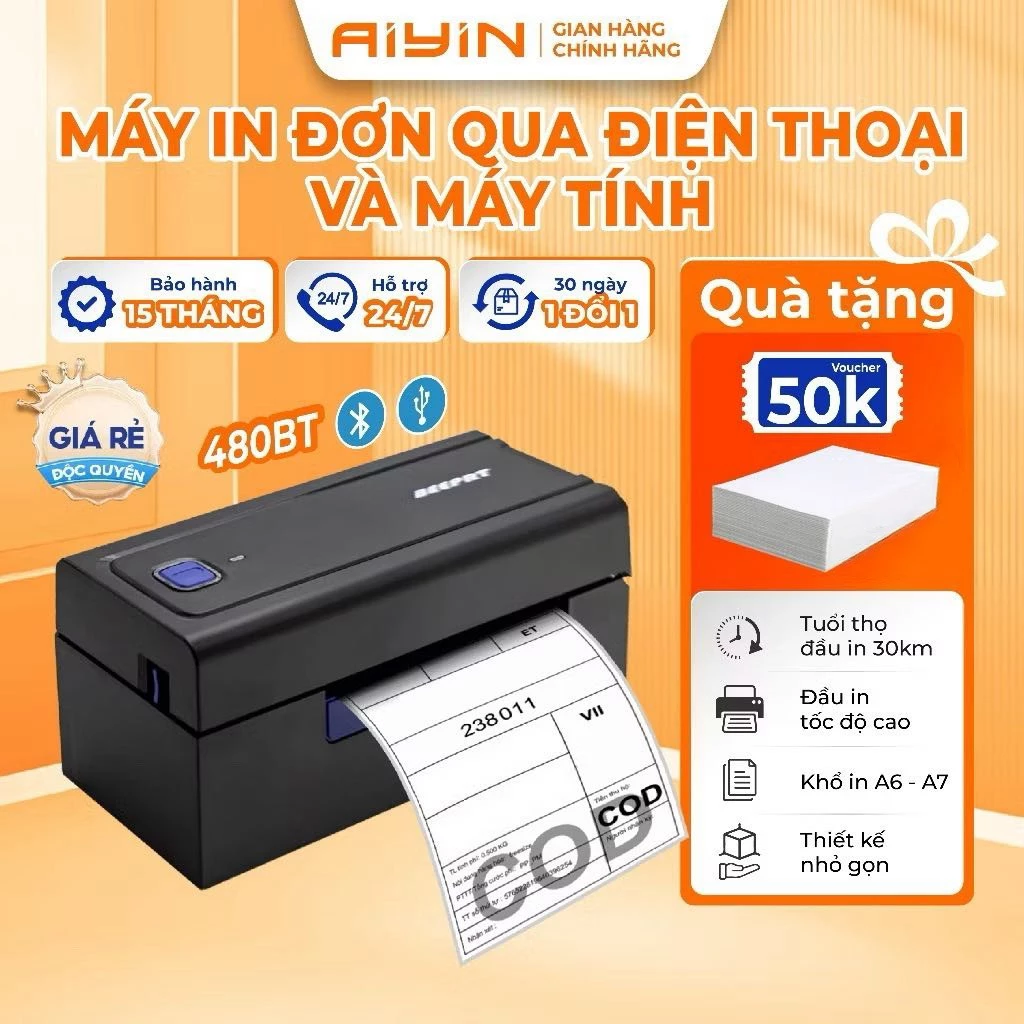 Máy In Đơn Hàng Bluetooth AYIN 480BT Khổ A6 A7, Máy In Nhiệt, In Đơn Sàn TMĐT, In Mã Vận Đơn, Logo BH 15Tháng