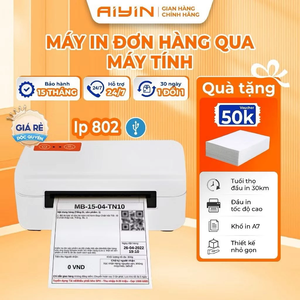 Máy In Nhiệt Mini AYIN IP802 Khổ A7 In Máy Tính, Máy In Đơn Hàng, In Mã Vận Đơn, Tem BH 15 Tháng