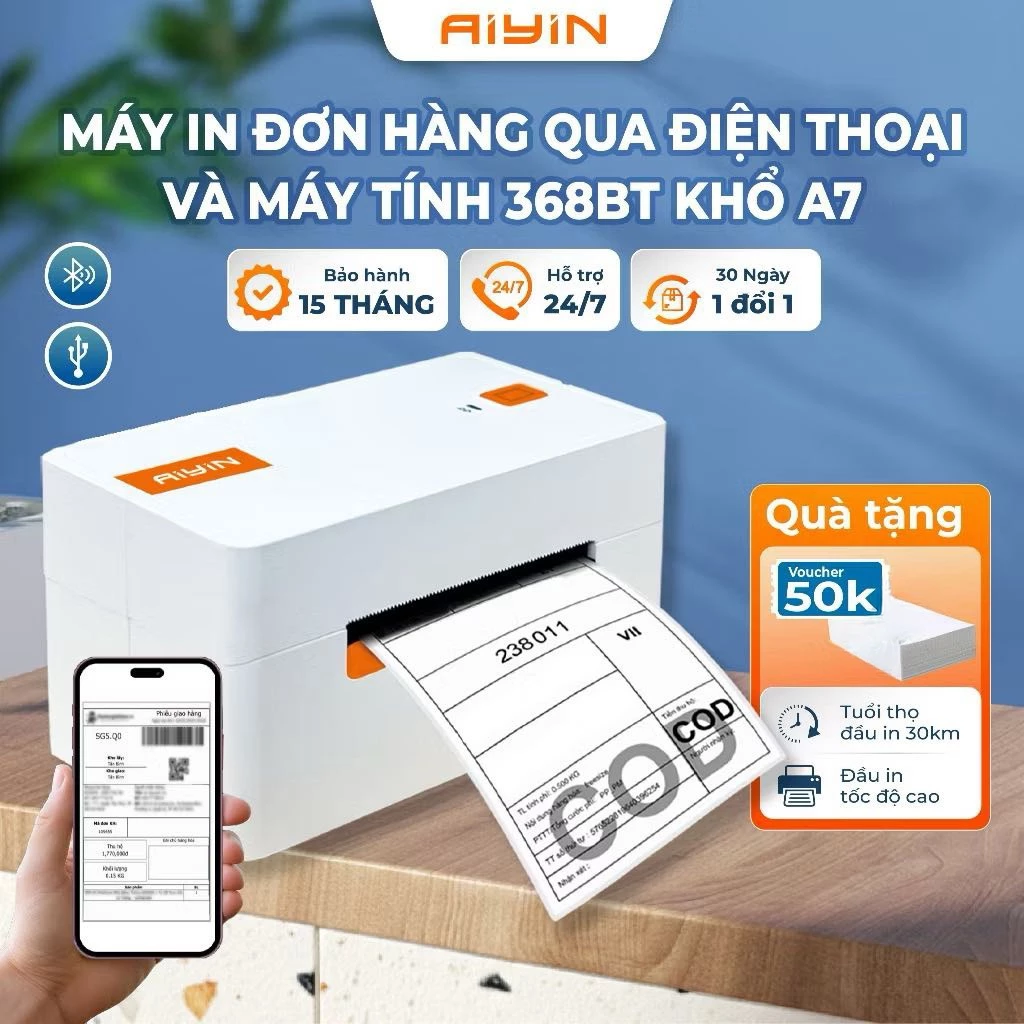 Máy In Đơn Hàng Khổ A7 AIYIN 368BT Kết Nối Bluetooth, Máy In Nhiệt Đơn Hàng, In Mã Vận Đơn, In Đơn Shopee, BH 15tháng