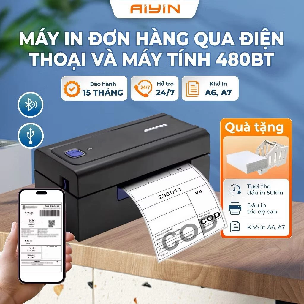 Máy In Đơn Hàng Khổ A6 Bluetooth AYIN 480BT Kết Nối Điện Thoại Máy Tính, Máy In Đơn Hàng TMĐT, In Mã Vận Đơn-BH 15 Tháng