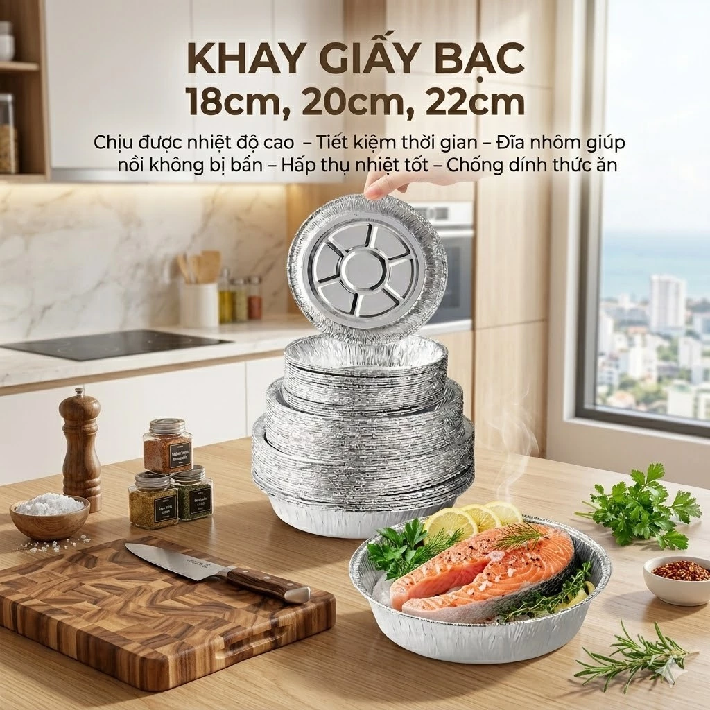 Set Khay Giấy Bạc Nhôm Tròn 18cm – 22cm – 24cm, Combo 30 / 50 / 100 Khay Nướng Bánh Dùng Một Lần Tiện Lợi