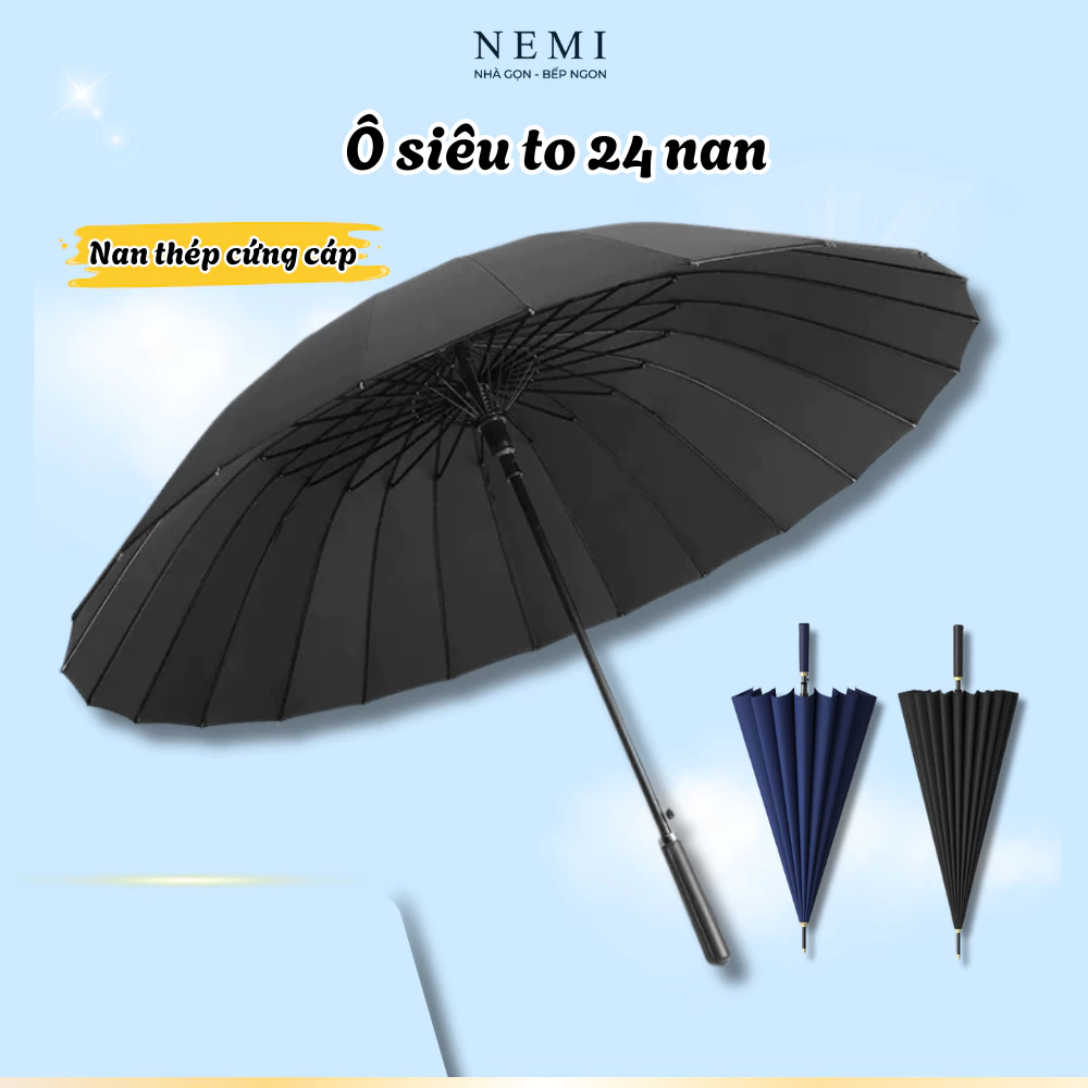 Ô Dù Cỡ Lớn Nemi Loại 24 Nan Vải Chống Thấm Đi Mưa, Ô Dù Che Mưa Che Nắng, Đường kính 115cm