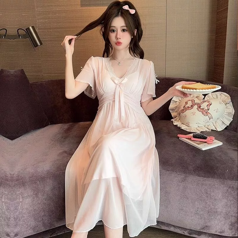 Bộ Đồ Ngủ Cổ Chữ V Phối Ren Gợi Cảm Đính Nơ Đen LICERIA Dành Cho Nữ Mùa Hè Ngắn Tay  Có Đệm Ngực