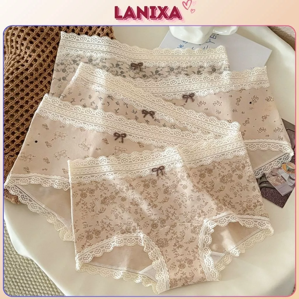 [ Xả hàng ] Quần lót nữ cotton kháng khuẩn dáng boxer đáy mở rộng phối viền ren họa tiết ngọt ngào LANIXA L5918