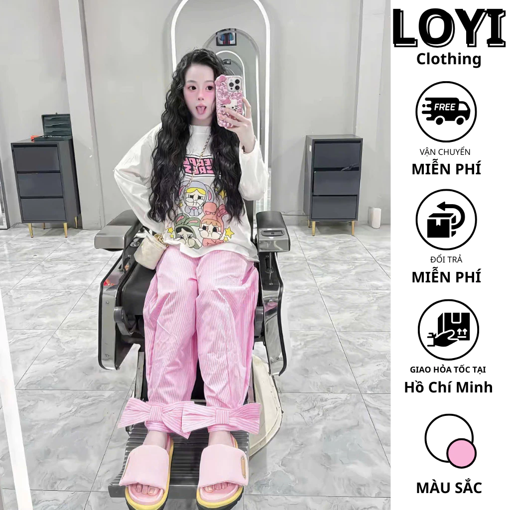 [Hỏa Tốc] Set Áo Thun Tay Dài Form Rộng + Quần Dài Sọc Hồng Phối Nơ Form Suông, Set Đồ Nữ Dễ Thương