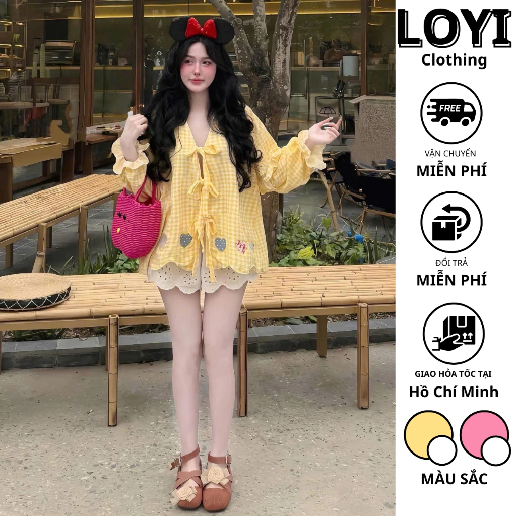 [Hỏa Tốc] Set Đồ Nữ Áo Babydoll Caro Tay Dài Nơ Trước + Quần Đùi Dễ Thương Phong Cách Hàn Quốc, Set Đồ Tiểu Thư