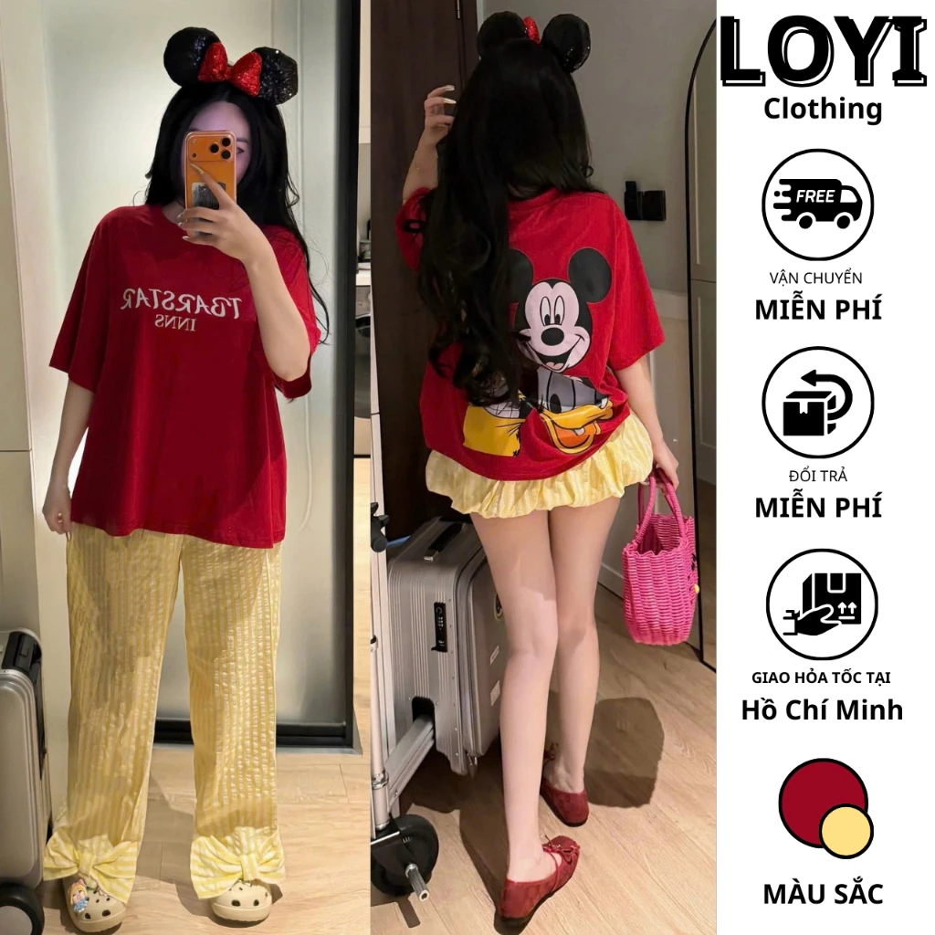 [Hỏa Tốc] Set Đồ Bộ Nữ Áo Thun Form Rộng + Quần Sọc Vàng Lưng Thun, Set Dễ Thương Mặc Ở Nhà, Đi Chơi