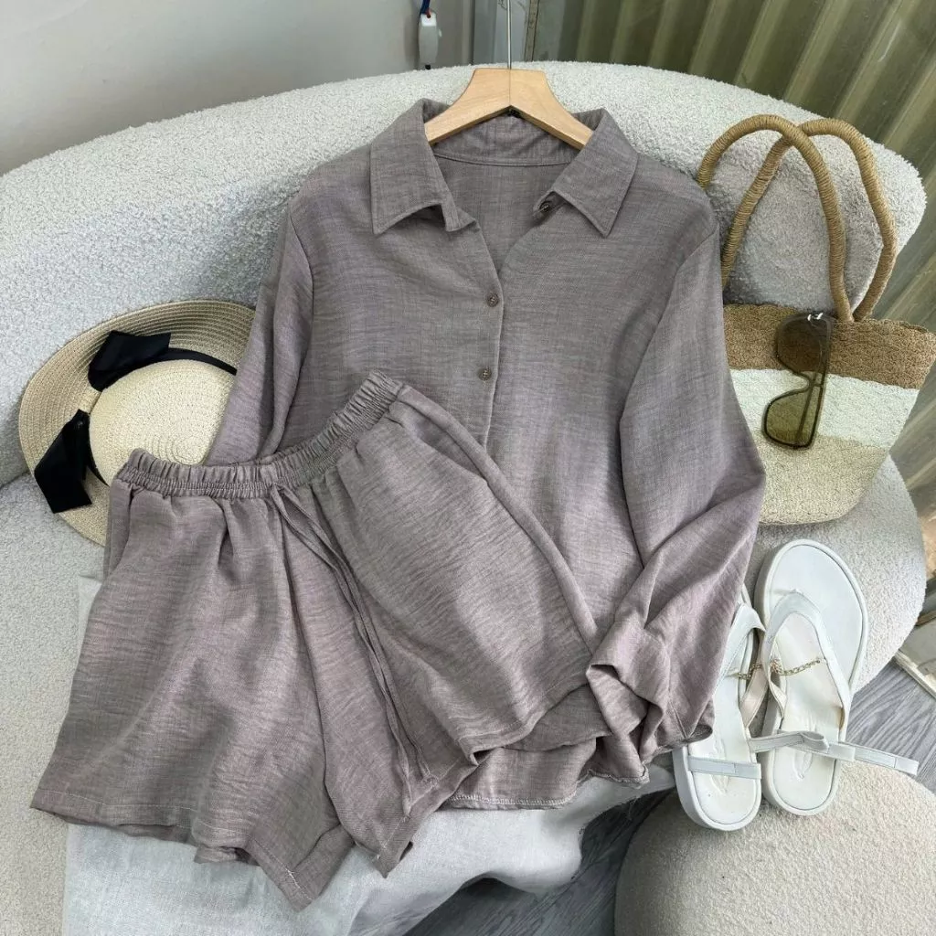 Đồ bộ Bigsize nữ sơ mi dài tay form rộng phối quần đùi lưng chun co giãn chất đũi mát lạnh, không nhăn 55-92kg- SET861