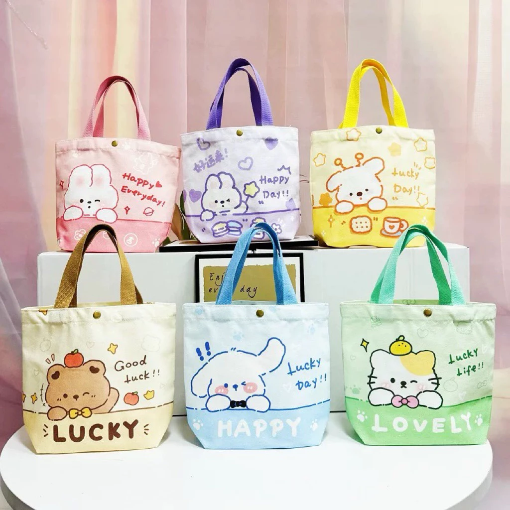 Túi Tote Hoạt Hình Dễ Thương Mini – Túi Vải Canvas Đựng Cơm, Mỹ Phẩm, Đi Học, Đi Chơi Cho Nữ