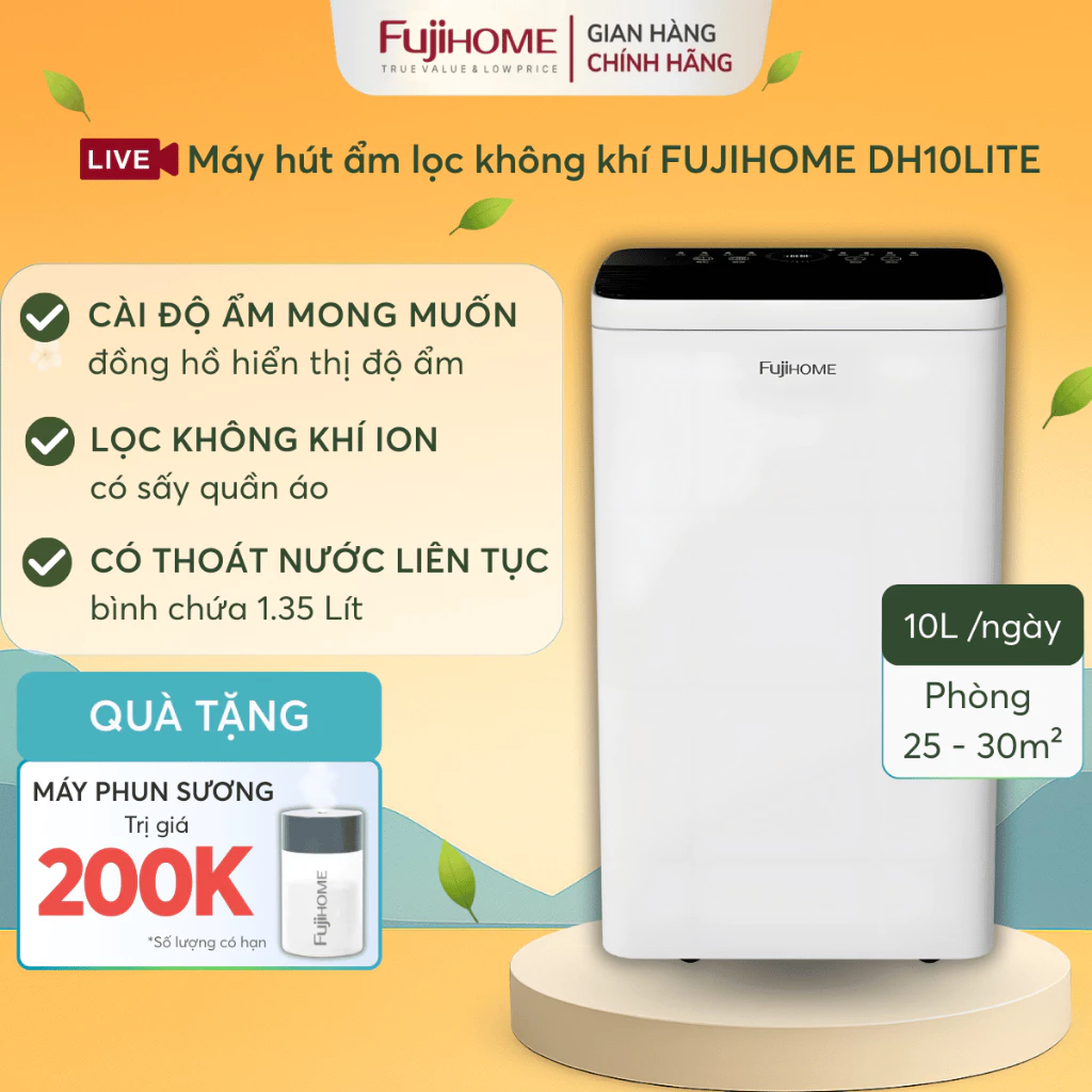 Máy hút ẩm gia đình dung tích 10L nhỏ gọn chống ẩm mốc, Nhập Khẩu FUJIHOME DH10LITE tiết kiệm điện
