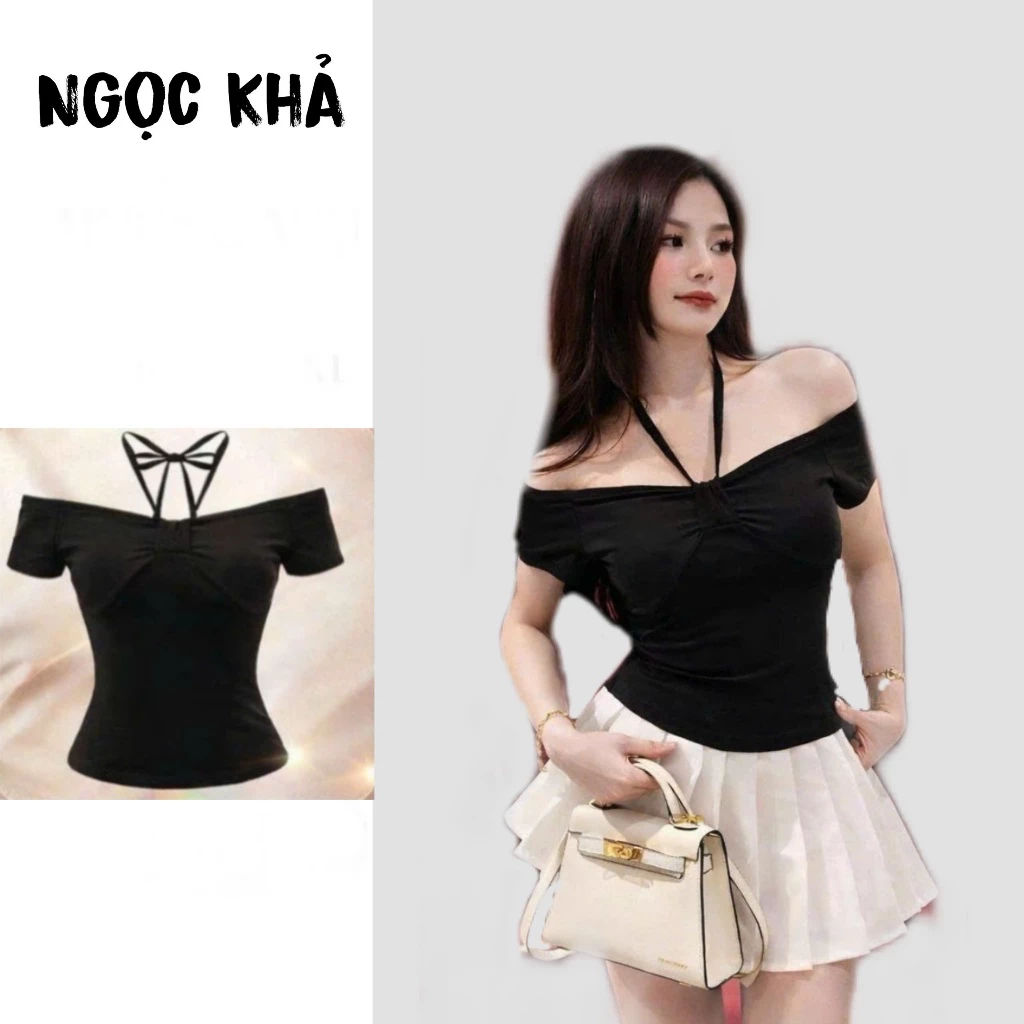 [ Cotton Mịn ] Áo Thun Trễ Vai Thắt Dây Cổ Yếm Cho Nữ Siêu Xinh