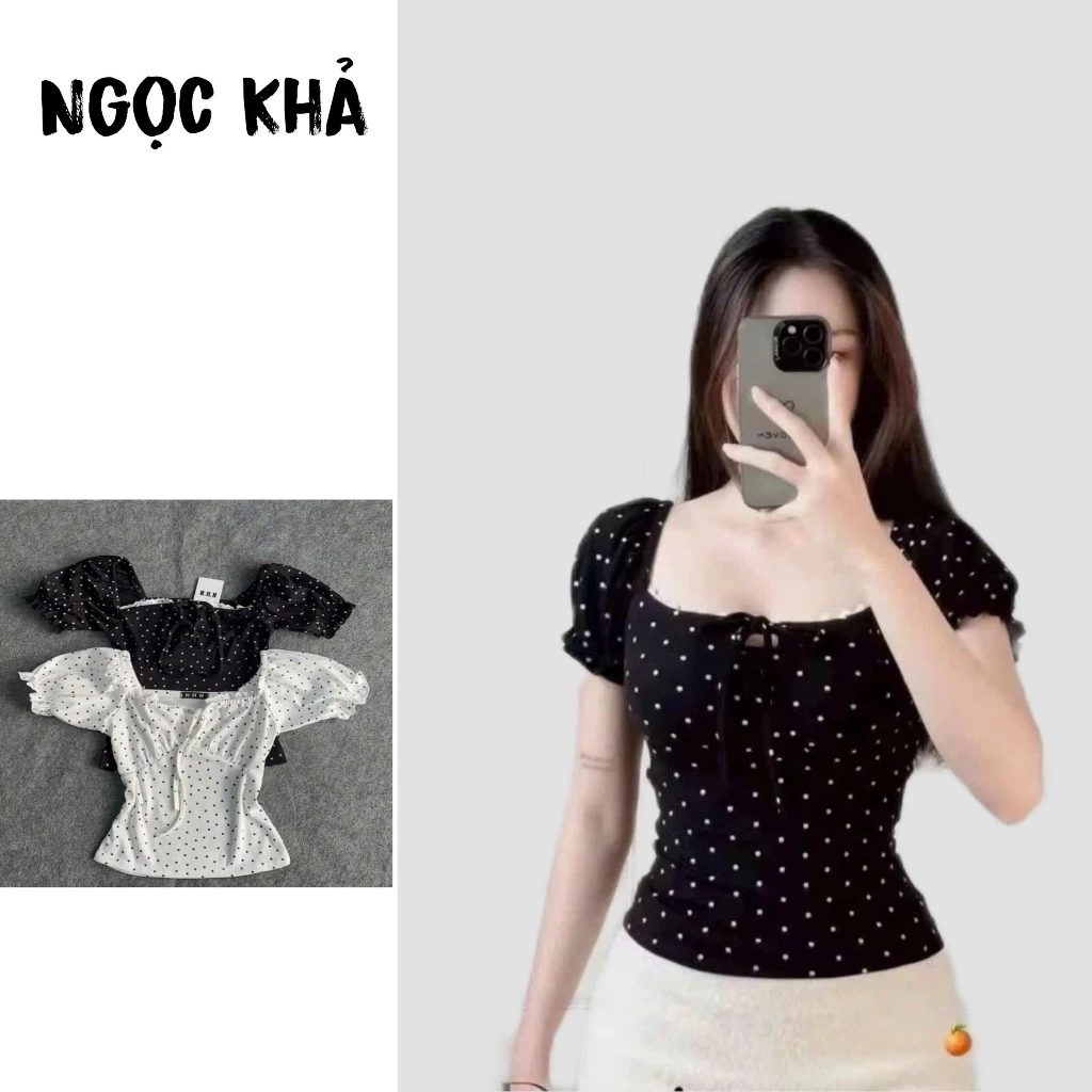 Áo baby doll chấm bi bèo cổ vuông bèo cánh tiên tay ngắn ôm croptop dành cho nữ