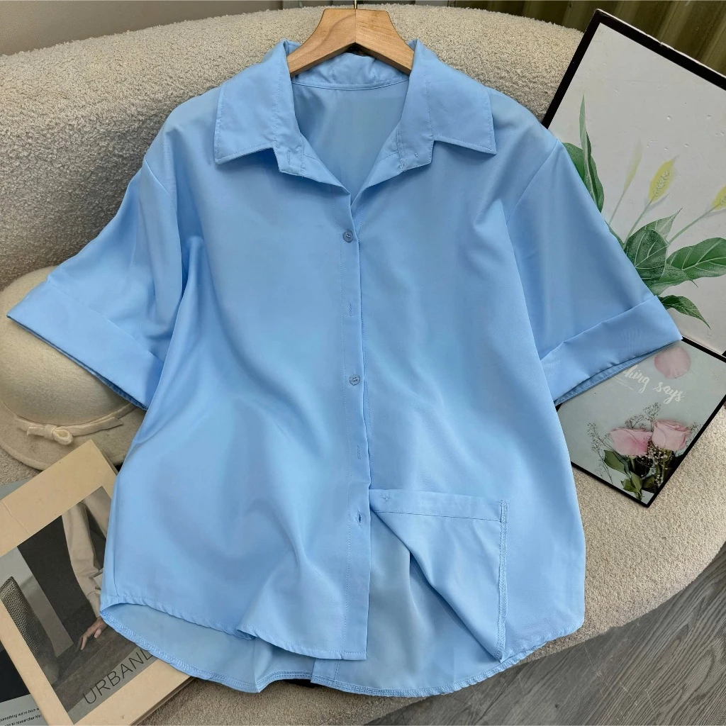 Áo sơ mi bigsize nữ tay ngắn kiểu xẻ lưng có cúc đơn giản basic chất liệu lụa chéo mát mẻ - AT10