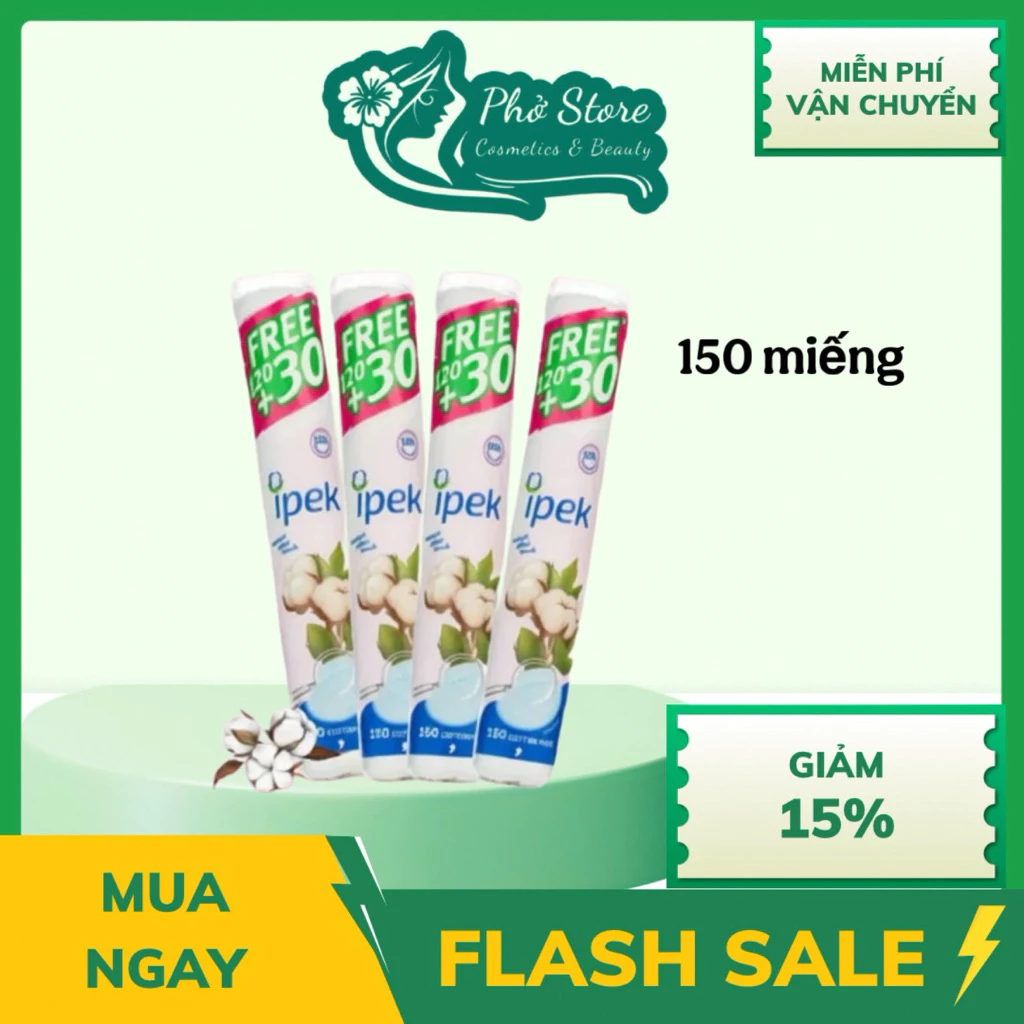 Combo 4 Gói Bông Tẩy Trang Ipek 150 Miếng, Mềm Mịn, Thấm Hút Tốt, Không Xơ Bông