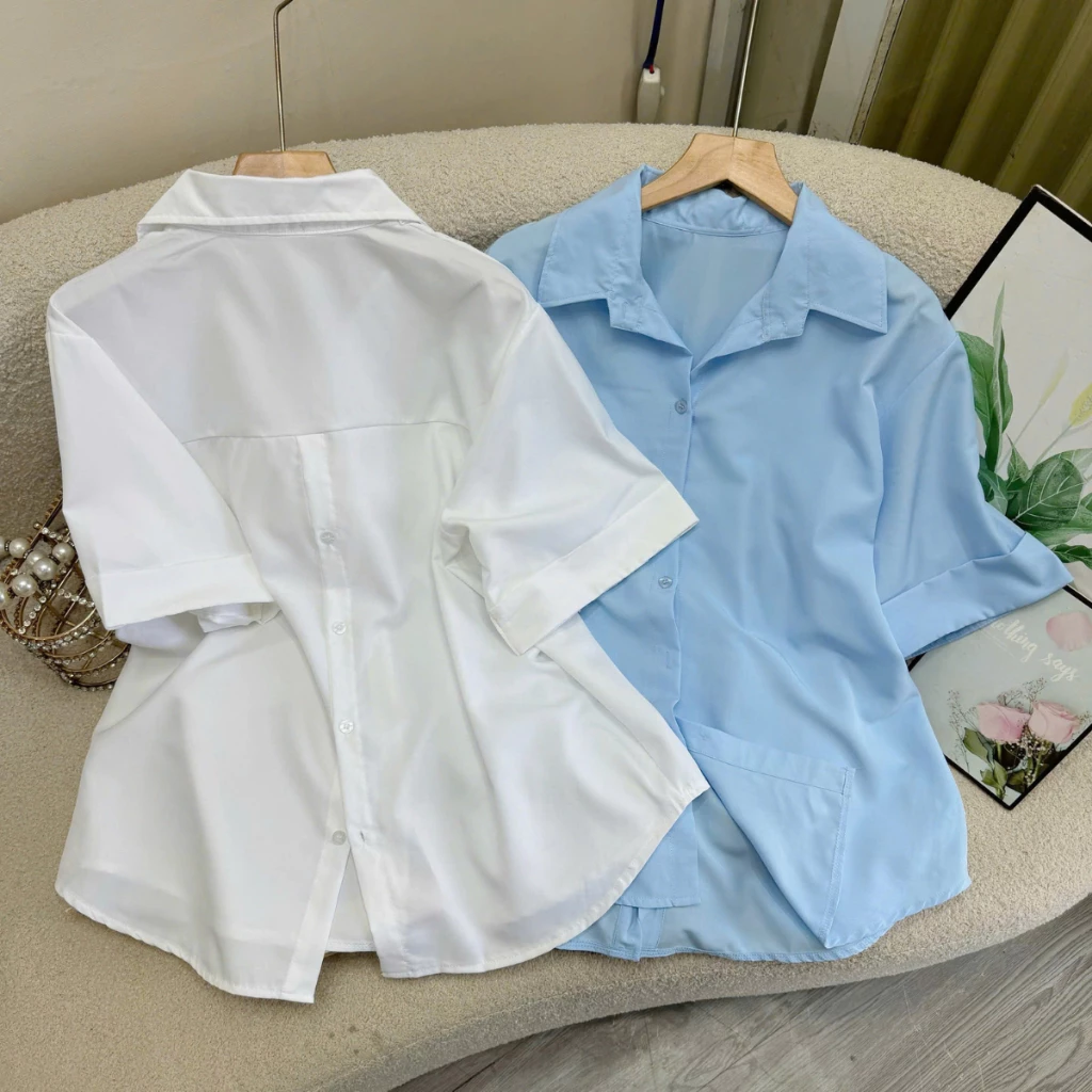 Áo Sơ Mi Nữ Bigsize Tay Ngắn Kiểu Xẻ Tà Lưng Phối Cúc Dễ Thương Mặc Đi Chơi Đi Học - AT10