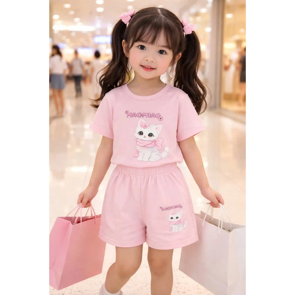 Sét Bộ Quần Đùi + Áo Phông In Hình Mèo, Chất Vải Mềm Mịn Mặc Thoải Mãi Khi Ở Nhà, Đi Ngủ Cho Bé Size Từ 9-35kg. DT MÈO