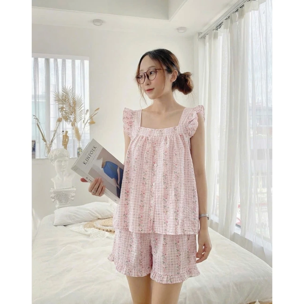 Bộ pijama nữ cánh tiên cổ vuông mặc nhà nhiều màu chất Cotton, Xô Lụa, Đũi, Tole, Lanh