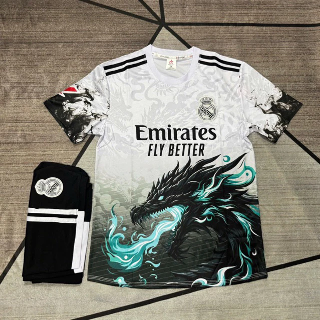 Bộ Quần Áo Đá Banh Real Rồng Trắng 2025 (Nhận In Tên Số) Thun Mè Cao Cấp Logo Thêu Nam Nữ Top Sport