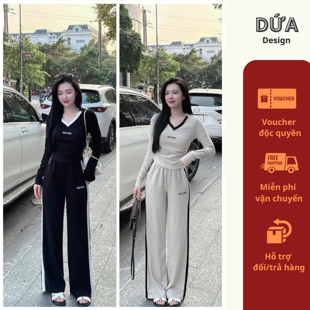 B150 SET MIUMIU CỔ TIM LÉ CỔ QUẦN Set Bộ Đồ Nữ Sang Chảnh Cá Tính Năng Động Áo Dài Tay Quần Dài Ống Suông 2size 40-65kg