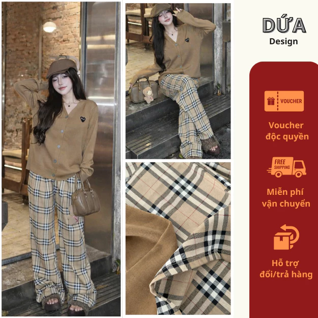 B138 SET CADIGAN NÂU KẺ TIM MẮT KT Set Bộ Đồ Nữ Mùa Thu Sang Chảnh Cá Tính Áo Khoác Mix Quần Dài Kẻ Thô 2size 40-65kg