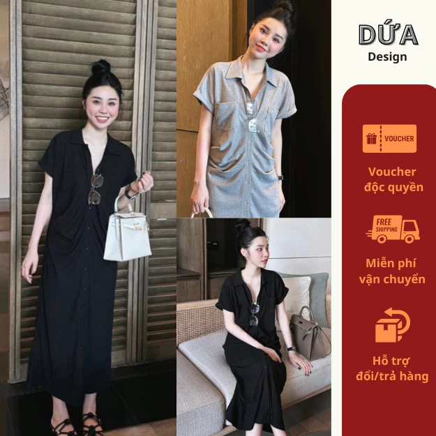 Váy Phông Cộc Tay Dáng Dài Đầm Phông Dáng Suông Cài Cúc Cổ Polo Thấm Hút Mồ Hôi 40-70kg mẫu VAYDAICAICUC. D257