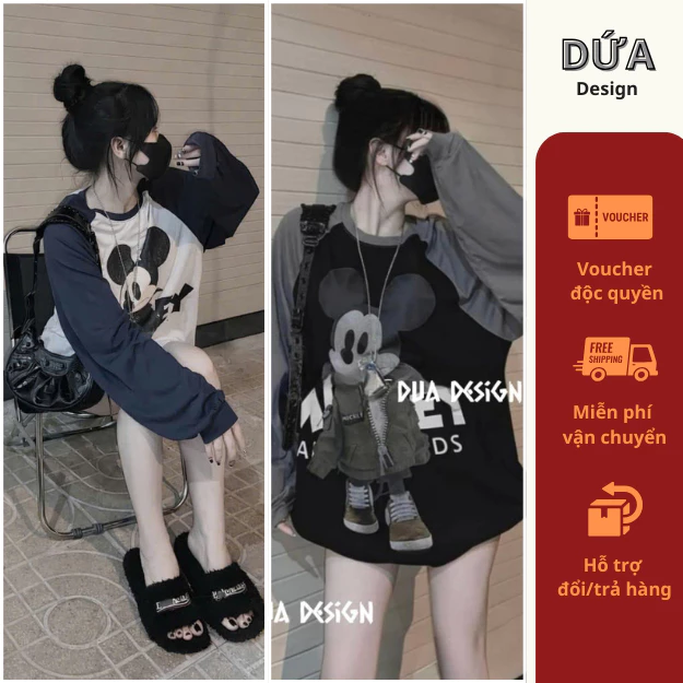 Áo Phông Áo Thun Nữ Dài Tay Dáng Thụng Mix Hình ( IN 1 MẶT ) Cotton 40-70KG Đủ Size Đến 70kg mẫu AOMICKEYDTAYIN1M. D237