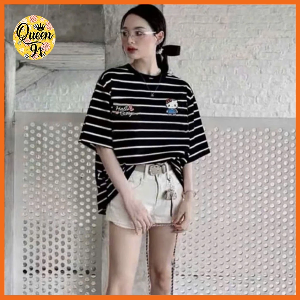 Áo thun áo phông kẻ in Mèo kity tay ngắn from rộng basic nam nữ dễ thương Freesize 40-65kg