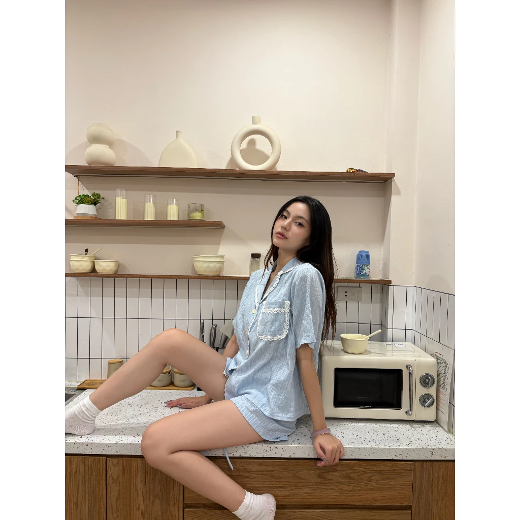 [ Fit to sleep ] Bộ Đồ Ngủ Nữ Cộc Tay - Sky Set - Cotton Cao Cấp - Màu Sọc Xanh Nhạt