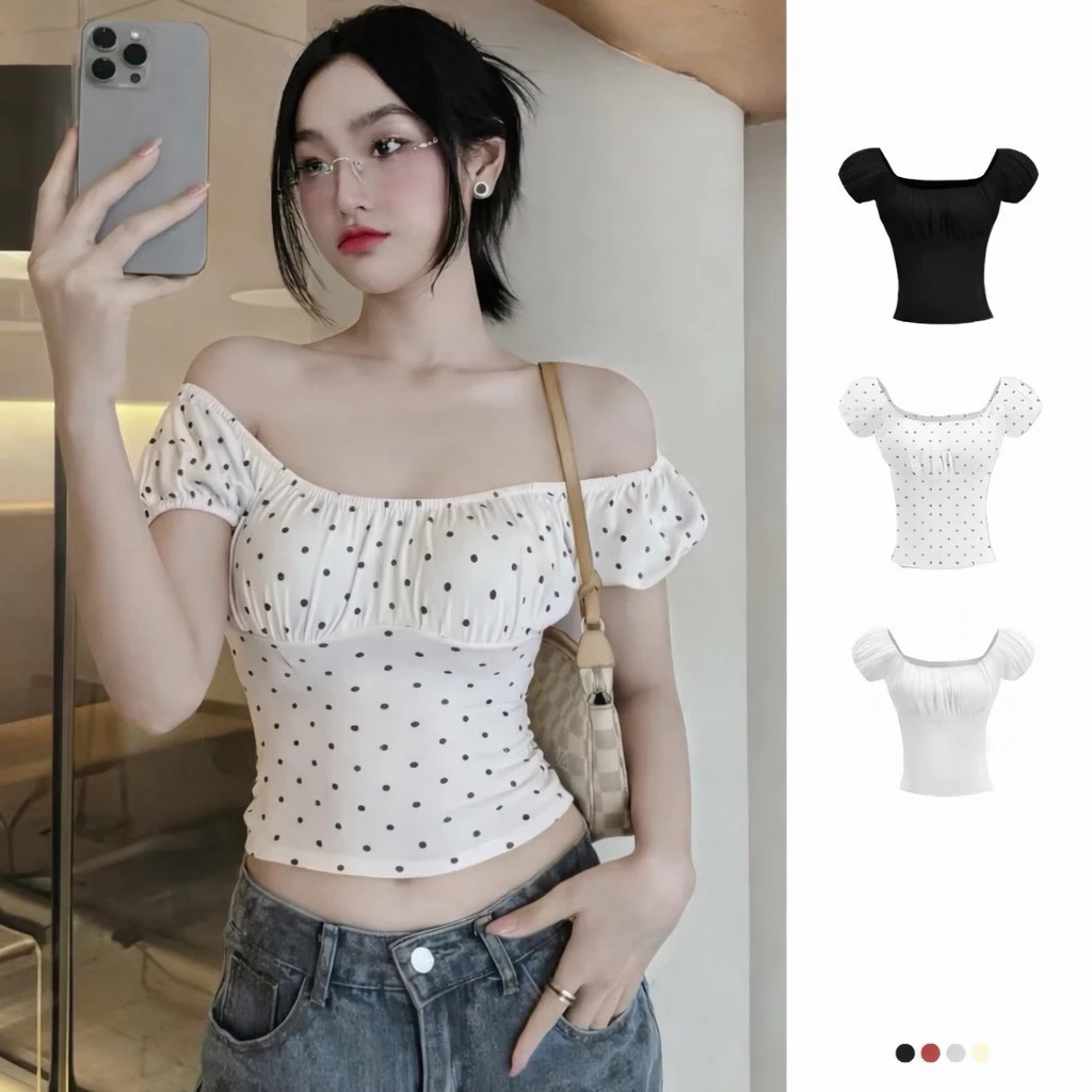 Áo Thun Nữ Trễ Vai Tay Bồng Viền Chun Nhún Ngực ,Áo Kiểu Cổ Vuông Họa Tiết Chấm Bi Mặc Hai Kiểu Chất Thun Co Gĩan