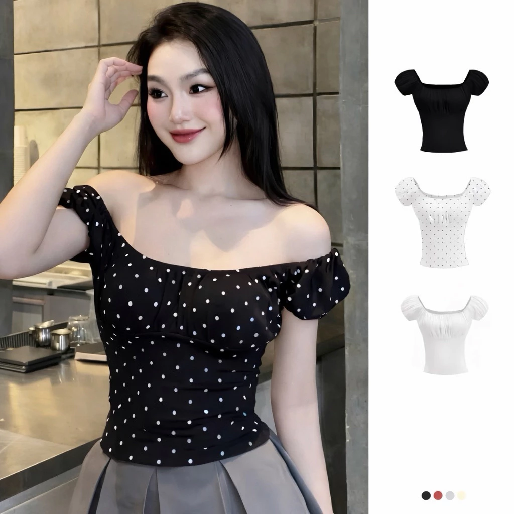 Áo thun nữ trễ vai tay bồng viền chun nhún ngực,Áo kiểu cổ vuông họa tiết chấm bi vải cotton mịn mát tôn dáng cho nữ