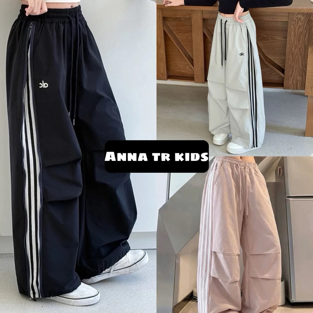 ( Ảnh Thật ) [130-170] 2662 Quần dài chất kaki dù suông / jogger kẻ sọc Bé Trai , Bé Gái hiphop
