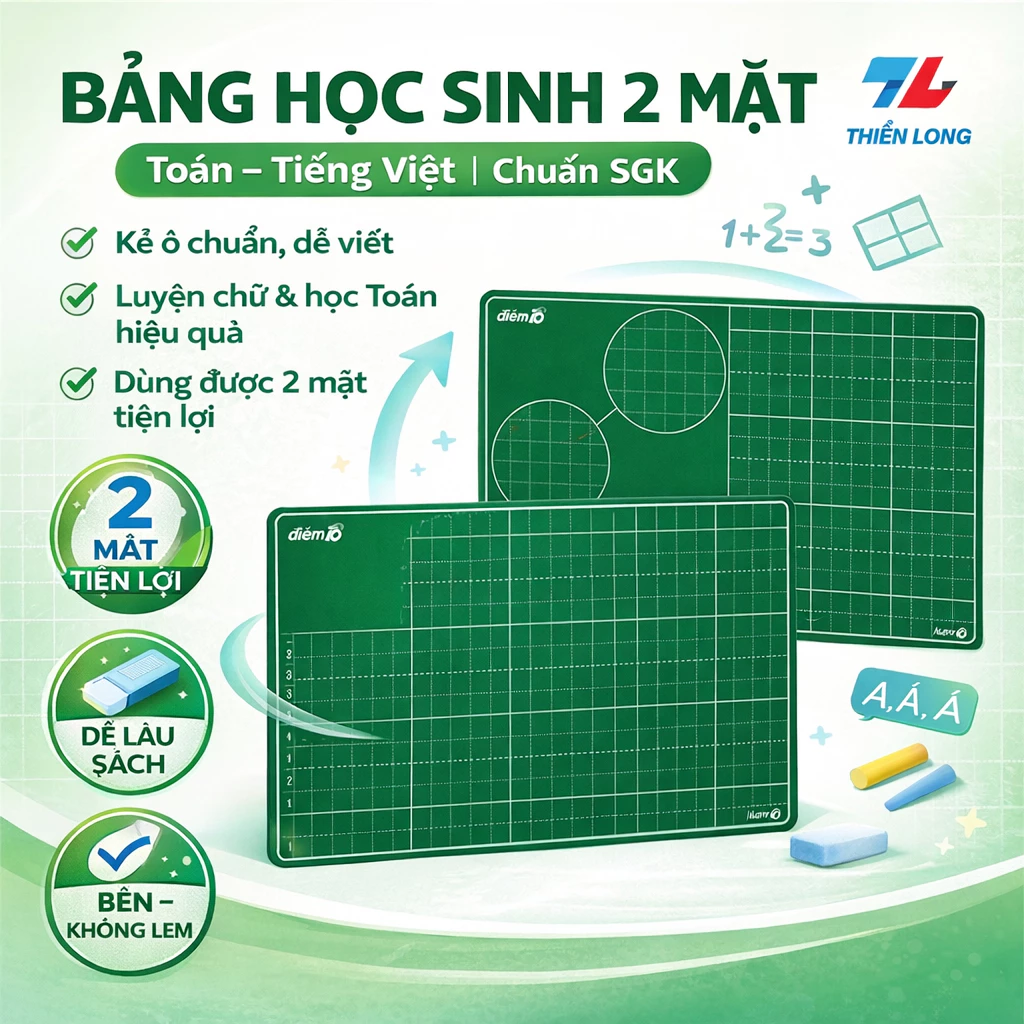 Bảng Học Sinh Thiên Long TP-B018 PLUS | Bảng 2 Mặt Toán Tiếng Việt | Bảng Viết Phấn Cho Bé