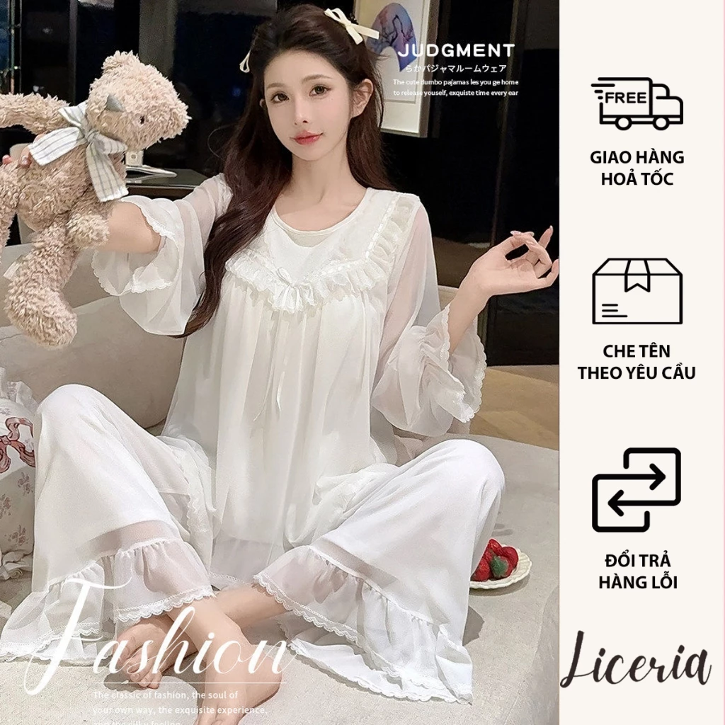 Bộ Ngủ Công Chúa LICERIA 6610 Chất Voan Lưới Tay Dài  Chất Voan Lưới Áo Phối Ren Đính Nơ Dễ Thương