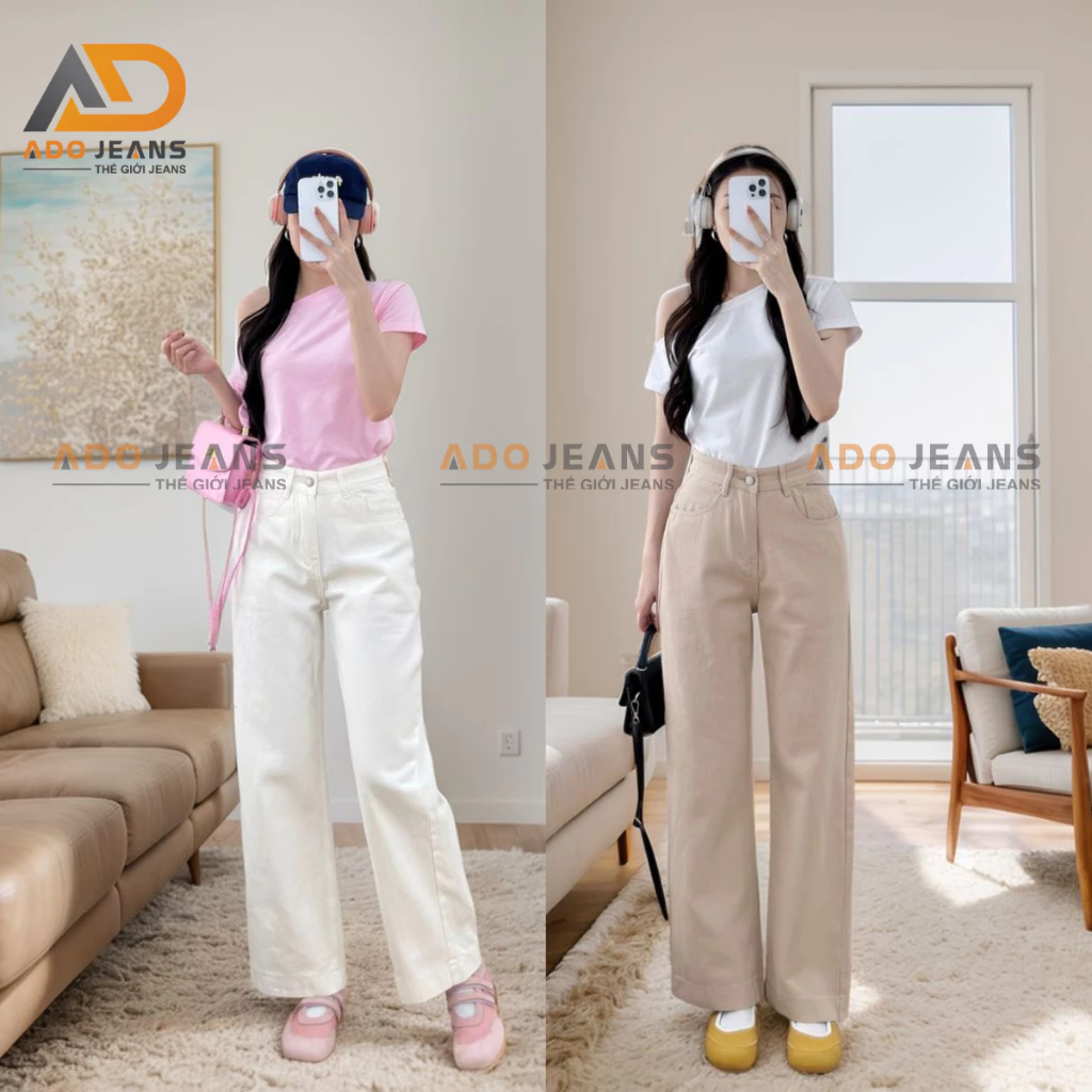 Quần Jean nấm lùn 97cm ống suông rộng cạp cao chất jean cao cấp ADO JEANS (Mã DJ97)