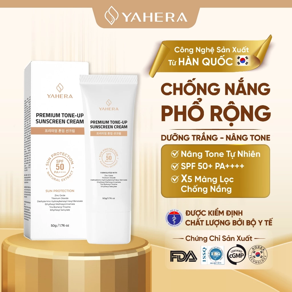 Kem chống nắng phổ rộng nâng tone 6 màng lọc chống nắng YAHERA Premium Tone-Up Sunscreen Cream SPF50+ PA++++ 50g