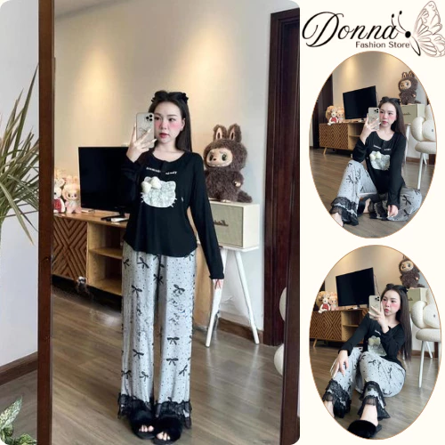 Set đồ nữ, đồ bộ nữ DONNA HCOM3299 áo thun tay dài mix quần suông viền ren hoạ tiết nơ xinh xắn