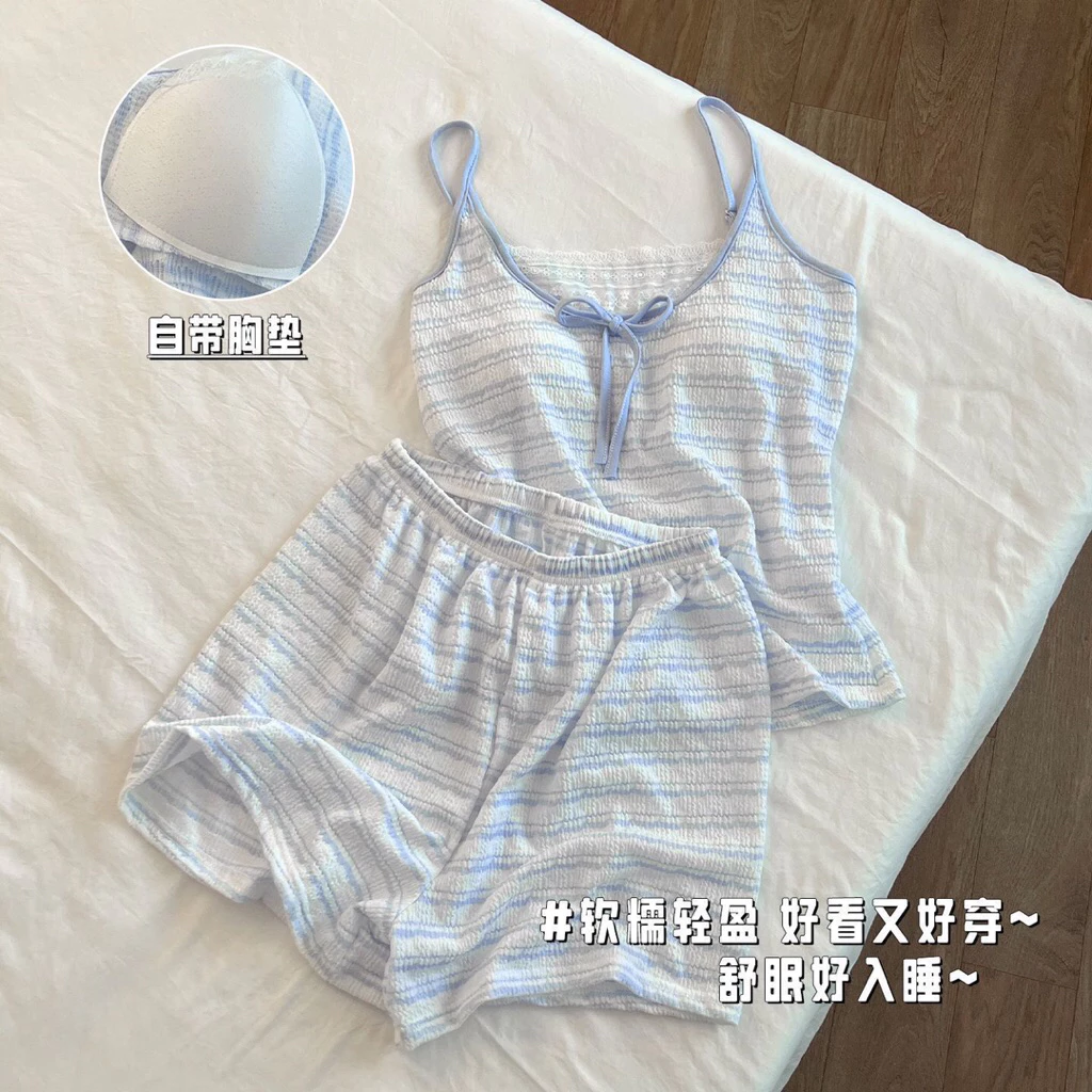 Bộ ngủ 2 dây có mút ngực kẻ xanh dây buộc nơ #7183