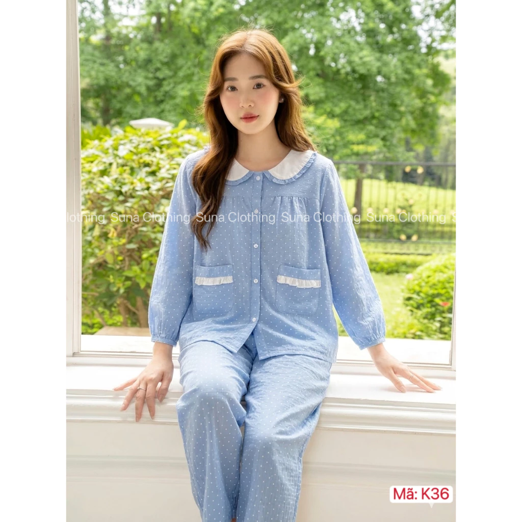 K36- Bộ Pijama Mặc Nhà Cổ Phối Tay Lỡ Quần Dài Chất Đũi Hàn Mềm Mại