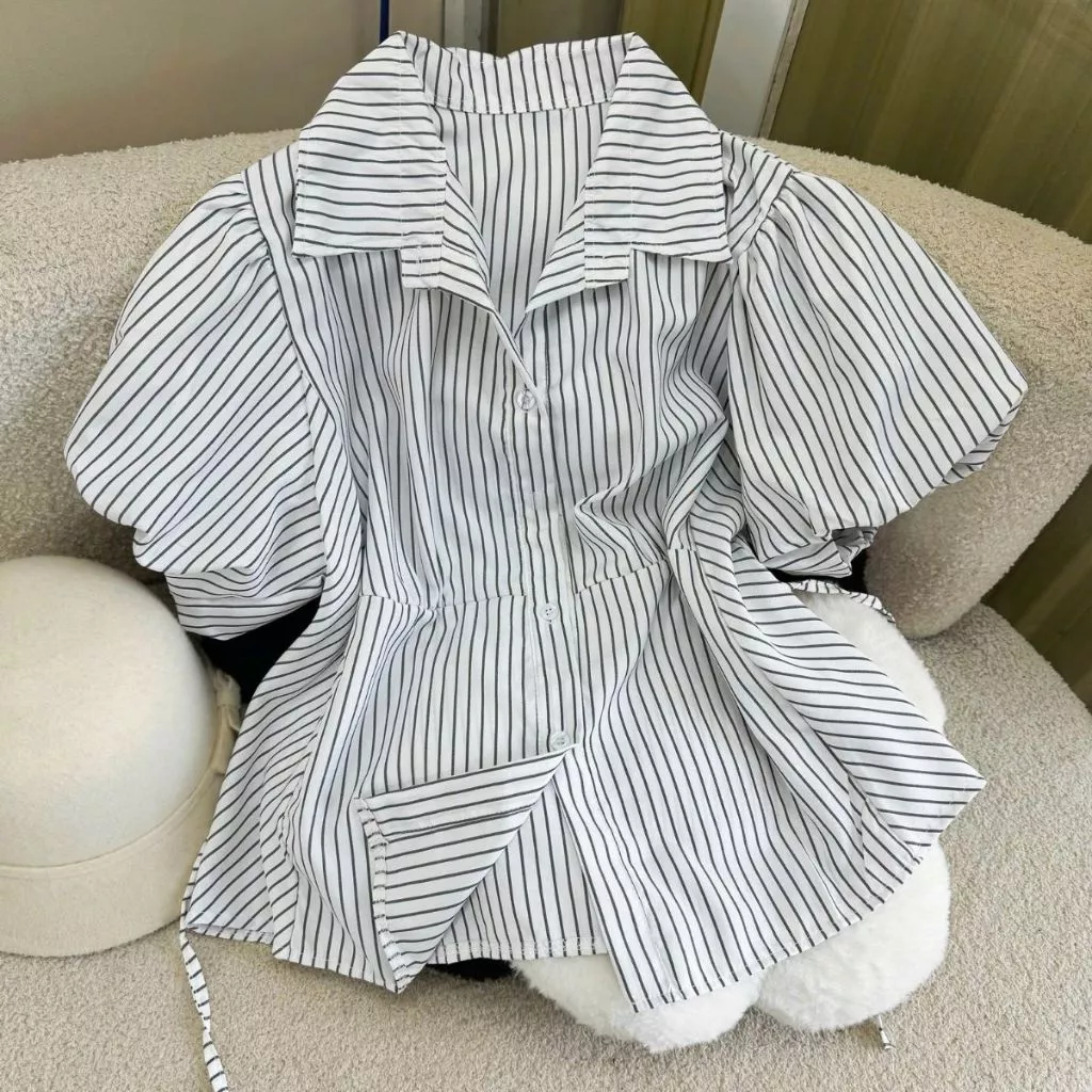 Áo sơ mi kiểu bigsize nữ tay bồng cột dây thắt eo tôn dáng vải kate thái sọc mềm mát tiểu thư thanh lịch